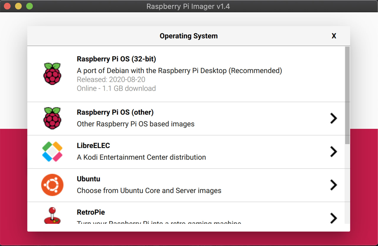 raspberry pi imager os selection