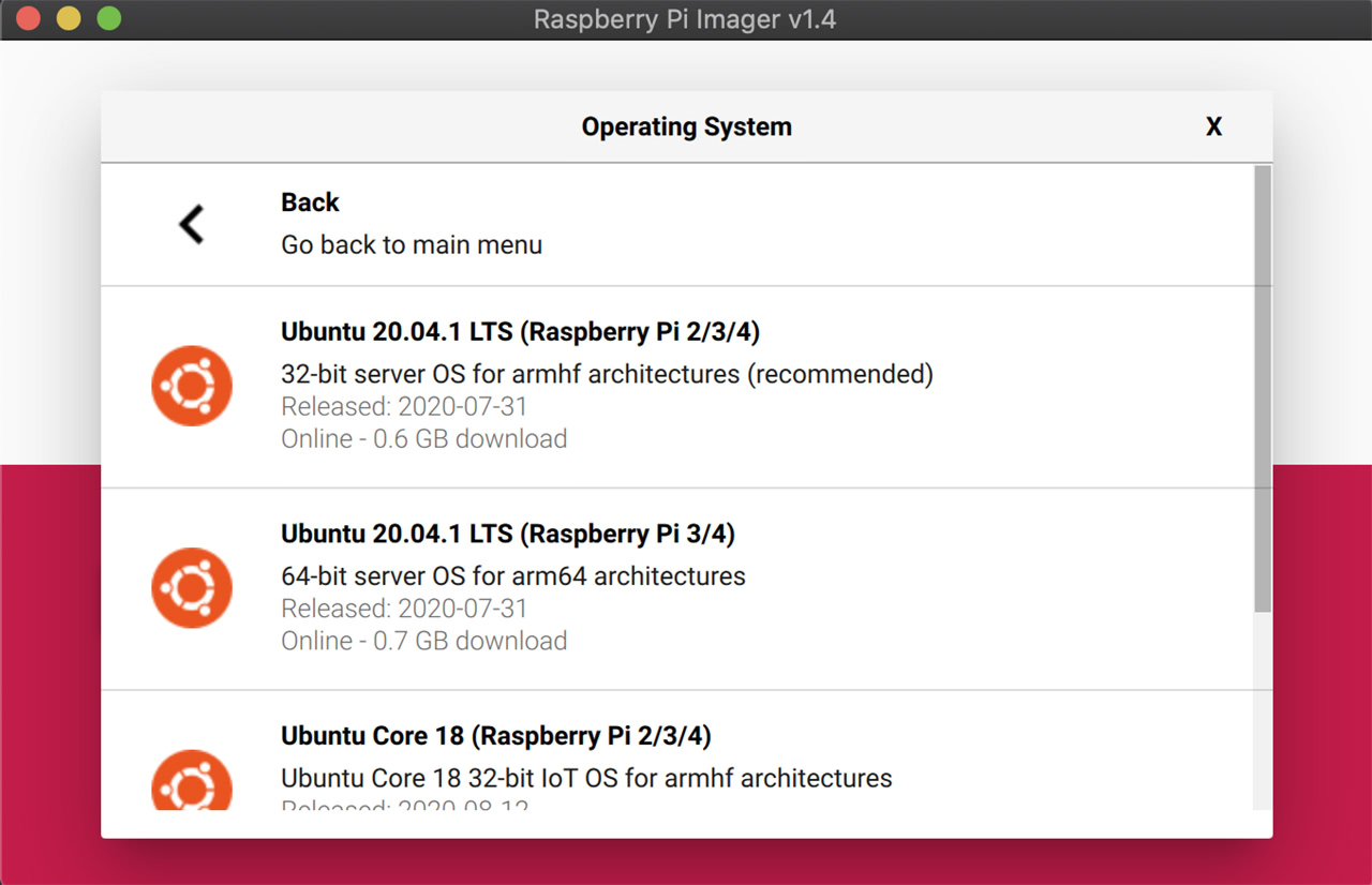 raspberry pi imager ubuntu selection